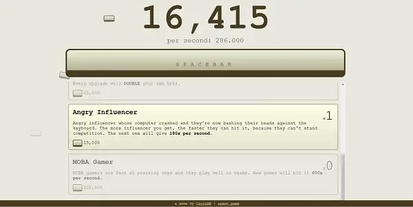 Spacebar Clicker upgrade shop showing available upgrades and their point costs