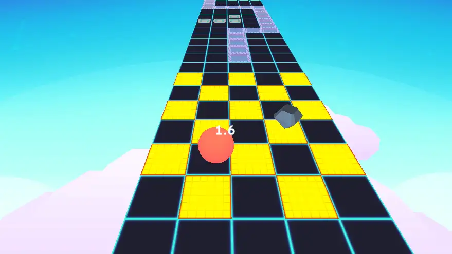 Sphere Rush gameplay screenshot showing a ball rolling along a floating track collecting diamonds