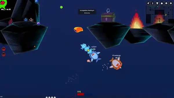 Stabfish 2 gameplay screenshot showing fish battling with sword weapons in the ocean arena