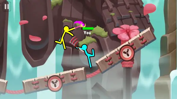 Stickman Clash gameplay screenshot showing two ragdoll stickmen battling with weapons
