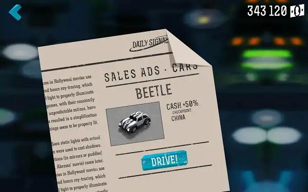 The car shop screen in Street Escape showing vehicles and prices
