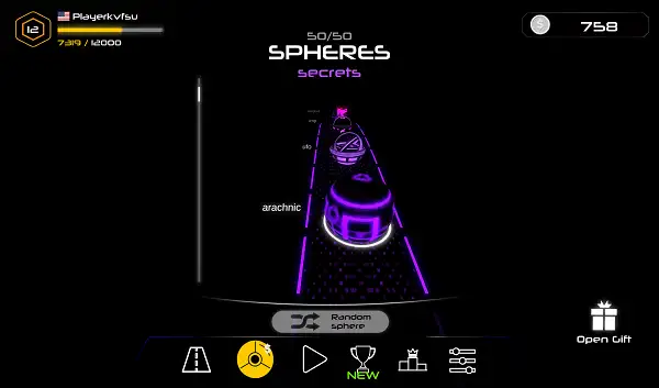 The sphere selection screen in Tap Road 2