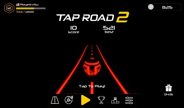 Tap Road 2 Play Screen showing last round score and Best Score