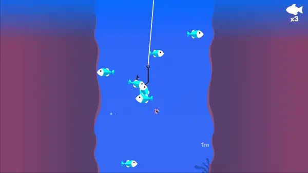 Tiny Fishing gameplay screenshot showing fish being hooked on the way up