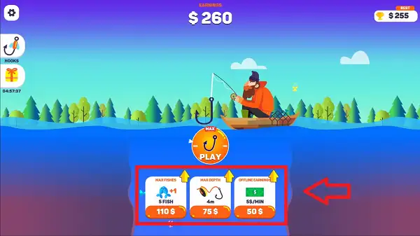The upgrade menu in Tiny Fishing