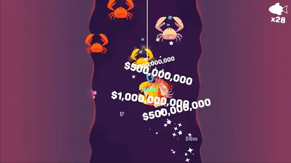 Different sea creatures caught while fishing in Tiny Fishing