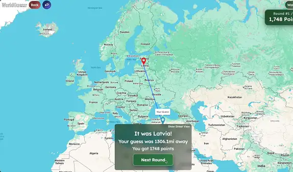 ound results screen in WorldGuessr showing score and distance