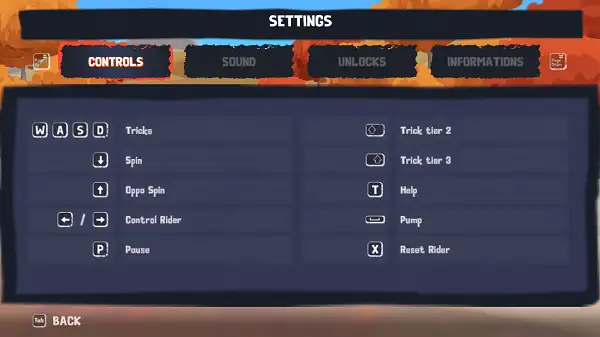 Controls Screen in Airborne BMX