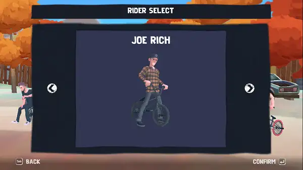 Rider selection screen in Airborne BMX