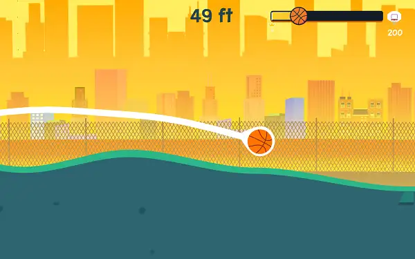 Basketball Hit gameplay screenshot showing the ball flying across a curved planet landscape toward a distant hoop