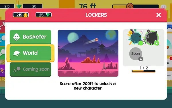 Planet in the World seelction screen in Basketball Hit