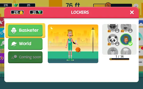 Character selection screen in Basketball Hit showing unlockable Basketers