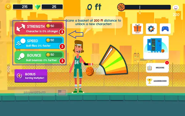 The stat upgrade menu in Basketball Hit showing Strength, Speed, and Bounce