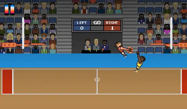 Two players competing for the ball near the hoop in Basketball Slam Dunk
