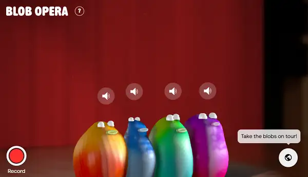 Blob Opera gameplay screenshot showing four singing blob characters at different pitches