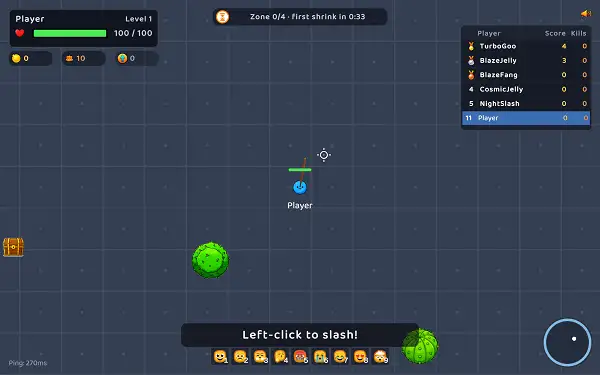 Blobade gameplay screenshot showing multiple blob characters fighting inside the shrinking zone