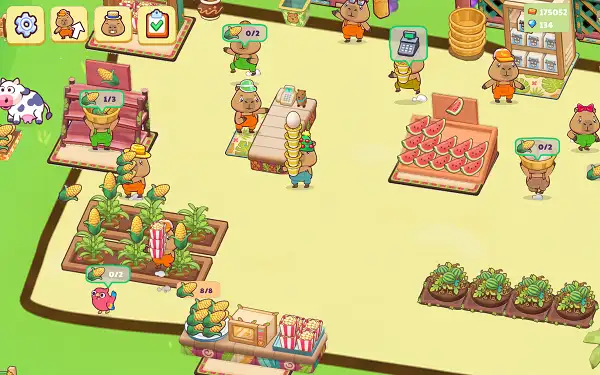 Capybara Mart gameplay screenshot showing the store layout with stations and customers