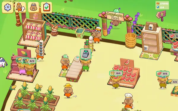 A customer shopping and heading to checkout in Capybara Mart