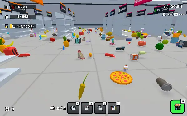 Clean The Supermarket gameplay screenshot showing scattered products across a store aisle