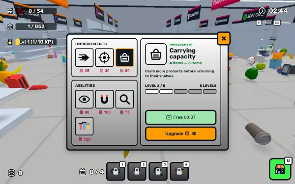 The upgrades menu in Clean The Supermarket showing available ability and stat improvements