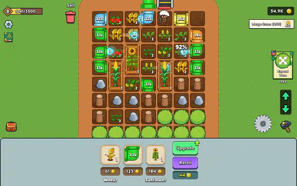 Loop Farm gameplay screenshot showing crops at different growth stages on the farm board