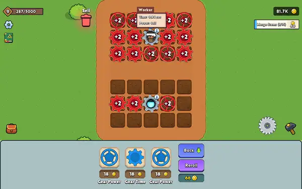 The rotating gear-grid upgrade system in Loop Farm