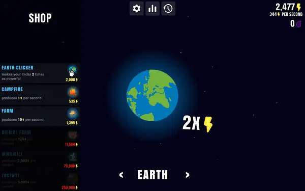 Planet Clicker 2 gameplay screenshot showing Earth and the energy production interface