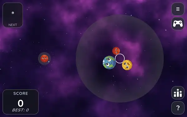 Planet Merge gameplay screenshot showing planets orbiting inside the circular gravity bubble