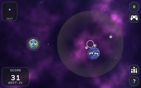 Aiming a planet launch with the trajectory line visible in Planet Merge