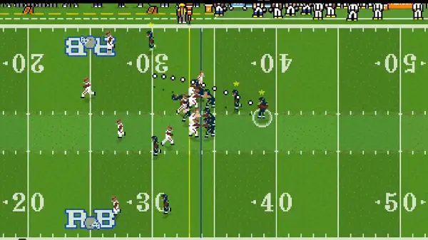 Retro Bowl gameplay screenshot showing a quarterback throwing downfield