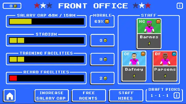 The front office management screen in Retro Bowl Unblocked