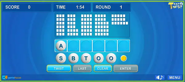 Text Twist gameplay screenshot showing the letter wheel and word grid