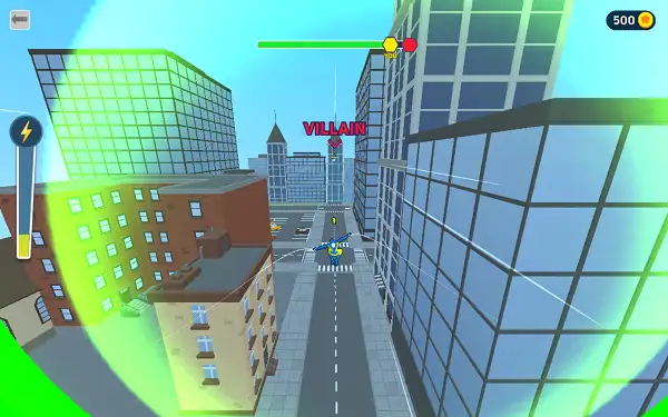 Web Shot: Spider Superhero gameplay screenshot showing the hero swinging through the city